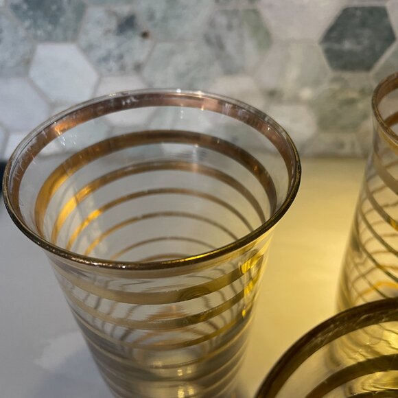 Vintage MCM Glass Serving Set, Horizontal Gold Stripes, Pitcher  & 4 Glasses - Picture 10 of 12